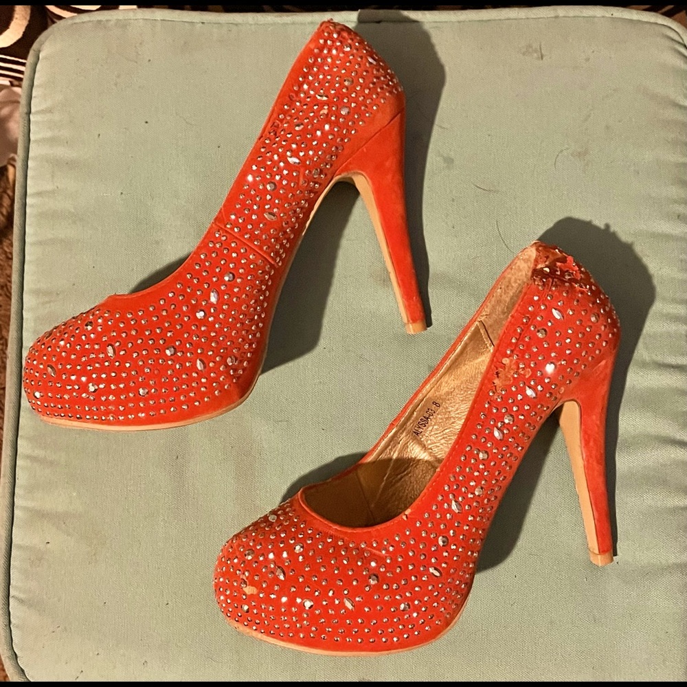 Story Orange Heels with Rhinestones Size 8 $7